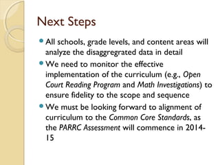 Next Steps
Allschools, grade levels, and content areas will
 analyze the disaggregrated data in detail
We need to monitor the effective
 implementation of the curriculum (e.g., Open
 Court Reading Program and Math Investigations) to
 ensure fidelity to the scope and sequence
We must be looking forward to alignment of
 curriculum to the Common Core Standards, as
 the PARRC Assessment will commence in 2014-
 15
 