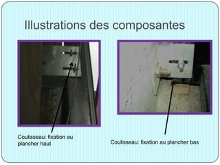 Illustrations des composantes
Coulisseau: fixation au plancher bas
Coulisseau: fixation au
plancher haut
 