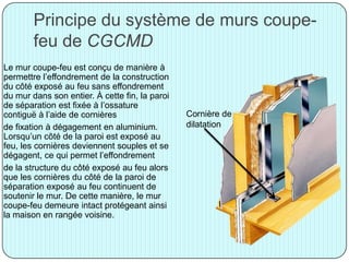 Principe du système de murs coupe-
feu de CGCMD
Le mur coupe-feu est conçu de manière à
permettre l’effondrement de la construction
du côté exposé au feu sans effondrement
du mur dans son entier. À cette fin, la paroi
de séparation est fixée à l’ossature
contiguë à l’aide de cornières
de fixation à dégagement en aluminium.
Lorsqu’un côté de la paroi est exposé au
feu, les cornières deviennent souples et se
dégagent, ce qui permet l’effondrement
de la structure du côté exposé au feu alors
que les cornières du côté de la paroi de
séparation exposé au feu continuent de
soutenir le mur. De cette manière, le mur
coupe-feu demeure intact protégeant ainsi
la maison en rangée voisine.
Cornière de
dilatation
 