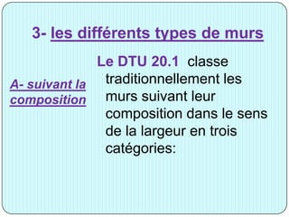 3- les différents types de murs
A- suivant la
composition
Le DTU 20.1 classe
traditionnellement les
murs suivant leur
composition dans le sens
de la largeur en trois
catégories:
 