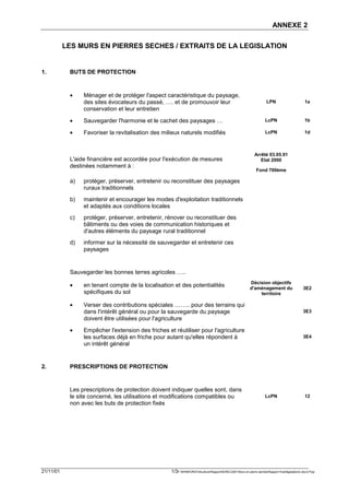 ANNEXE 2

           LES MURS EN PIERRES SECHES / EXTRAITS DE LA LEGISLATION


1.          BUTS DE PROTECTION


            •    Ménager et de protéger l'aspect caractéristique du paysage,
                 des sites évocateurs du passé, …. et de promouvoir leur                                               LPN                       1a
                 conservation et leur entretien

            •    Sauvegarder l'harmonie et le cachet des paysages …                                                   LcPN                       1b

            •    Favoriser la revitalisation des milieux naturels modifiés                                            LcPN                       1d



                                                                                                              Arrêté 03.05.91
            L'aide financière est accordée pour l'exécution de mesures                                           Etat 2000
            destinées notamment à :
                                                                                                               Fond 700ème

            a)   protéger, préserver, entretenir ou reconstituer des paysages
                 ruraux traditionnels
            b)   maintenir et encourager les modes d'exploitation traditionnels
                 et adaptés aux conditions locales
            c)   protéger, préserver, entretenir, rénover ou reconstituer des
                 bâtiments ou des voies de communication historiques et
                 d'autres éléments du paysage rural traditionnel
            d)   informer sur la nécessité de sauvegarder et entretenir ces
                 paysages


            Sauvegarder les bonnes terres agricoles …..
                                                                                                           Décision objectifs
            •    en tenant compte de la localisation et des potentialités                                  d'aménagement du                     3E2
                 spécifiques du sol                                                                            territoire

            •    Verser des contributions spéciales …….. pour des terrains qui
                 dans l'intérêt général ou pour la sauvegarde du paysage                                                                        3E3
                 doivent être utilisées pour l'agriculture

            •    Empêcher l'extension des friches et réutiliser pour l'agriculture
                 les surfaces déjà en friche pour autant qu'elles répondent à                                                                   3E4
                 un intérêt général


2.          PRESCRIPTIONS DE PROTECTION


            Les prescriptions de protection doivent indiquer quelles sont, dans
            le site concerné, les utilisations et modifications compatibles ou                                        LcPN                       12
            non avec les buts de protection fixés




21/11/01                                            1/3F:WINWORDViticultureRapportSEREC2001Murs en pierre sechesRapport finallégislation2.doc/LP/pp
 