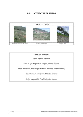 2.2      AFFECTATION ET USAGES




                                           TYPE DE CULTURES




    Vignes en terrasse - Bovernier           Champs - Hérémence                                          Vergers - Vex




                                           HAUTEUR DE MURS


                                         Selon la pente naturelle


                          Selon le type d'agriculture (vergers, champs, vignes)


               Selon la méthode et les usages de travail (parallèle, perpendiculaire)


                              Selon la nature et la perméabilité des terrains


                               Selon la possibilité d'exploitation des pierres




12/12/01                                              F:WINWORDViticultureRapportSEREC2001Murs en pierre sechesDocumentationpartie-A_071201_2.doc/LP/pp
 
