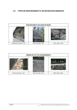 2.4   TYPES DE RENFORCEMENT ET DE REPARATION OBSERVES




                                    RENFORCEMENT DES PIEDS DE MURS




     Revêtement en pierres - Sion           Béton de qualité - Ollon                                    Béton maigre - Ollon




                                    REMISE EN ETAT DE COURONNEMENT




      Pierres maçonnées – Sion              Béton de qualité - Ollon                                    Béton maigre - Ollon




12/12/01                                                F:WINWORDViticulturerapport Murs de vigne Jean PralongDocumentationpartie-C_071201_2.doc/LP/pp
                                                       8.
 