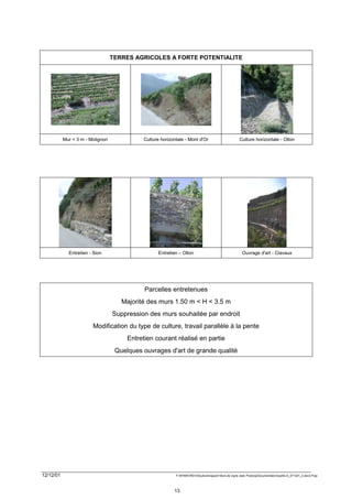 TERRES AGRICOLES A FORTE POTENTIALITE




           Mur < 3 m - Molignon             Culture horizontale - Mont d'Or                            Culture horizontale - Ollon




             Entretien - Sion                      Entretien – Ollon                                     Ouvrage d'art - Clavaux




                                             Parcelles entretenues
                                     Majorité des murs 1.50 m < H < 3.5 m
                                  Suppression des murs souhaitée par endroit
                        Modification du type de culture, travail parallèle à la pente
                                       Entretien courant réalisé en partie
                                   Quelques ouvrages d'art de grande qualité




12/12/01                                                   F:WINWORDViticulturerapport Murs de vigne Jean PralongDocumentationpartie-D_071201_2.doc/LP/pp




                                                          13.
 
