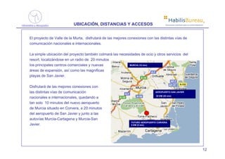 ®
                          UBICACIÓN, DISTANCIAS Y ACCESOS                              Soluciones prácticas para la comercialización




El proyecto de Valle de la Murta, disfrutará de las mejores conexiones con las distintas vías de
comunicación nacionales e internacionales.

La simple ubicación del proyecto también colmará las necesidades de ocio y otros servicios del
resort, localizándose en un radio de 20 minutos
los principales centros comerciales y nuevas               MURCIA (10 min)

áreas de expansión, así como las magnificas
playas de San Javier.

Disfrutará de las mejores conexiones con
las distintas vías de comunicación                                            AEROPUERTO SAN JAVIER
                                                                               30 KM (20 min)
nacionales e internacionales, quedando a
tan solo 10 minutos del nuevo aeropuerto
de Murcia situado en Corvera, a 20 minutos
del aeropuerto de San Javier y junto a las
autovías Murcia-Cartagena y Murcia-San
                                                              FUTURO AEROPUERTO CORVERA
Javier.                                                       5 KM (5 min)




                                                                                                                                   12
 