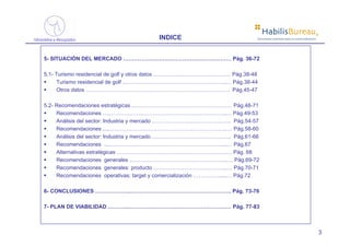 ®
                                        INDICE                             Soluciones prácticas para la comercialización




5- SITUACIÓN DEL MERCADO …………………………………………………… Pág. 36-72

5.1- Turismo residencial de golf y otros datos .…………………………………… Pág.38-48
     Turismo residencial de golf ..………………………………………………..… Pág.38-44
     Otros datos ……………………………….……………………………………. Pág.45-47

5.2- Recomendaciones estratégicas ..……………………………………………… Pág.48-71
     Recomendaciones ….………………………………………………………..… Pág.49-53
     Análisis del sector: Industria y mercado .……………………………………. Pág.54-57
     Recomendaciones .....………………………………………………………..… Pág.58-60
     Análisis del sector: Industria y mercado .……………………………………. Pág.61-66
     Recomendaciones ....………………………………………………………..… Pág.67
     Alternativas estratégicas ………………………………………………………. Pág. 68
     Recomendaciones generales ..……………………………………………..… Pág.69-72
     Recomendaciones generales: producto …………………………………..… Pág.70-71
     Recomendaciones operativas; target y comercialización ……………....… Pág.72

6- CONCLUSIONES ………………..……………………………………………….. Pág. 73-76

7- PLAN DE VIABILIDAD .………..………………………………………………… Pág. 77-83



                                                                                                                               3
 