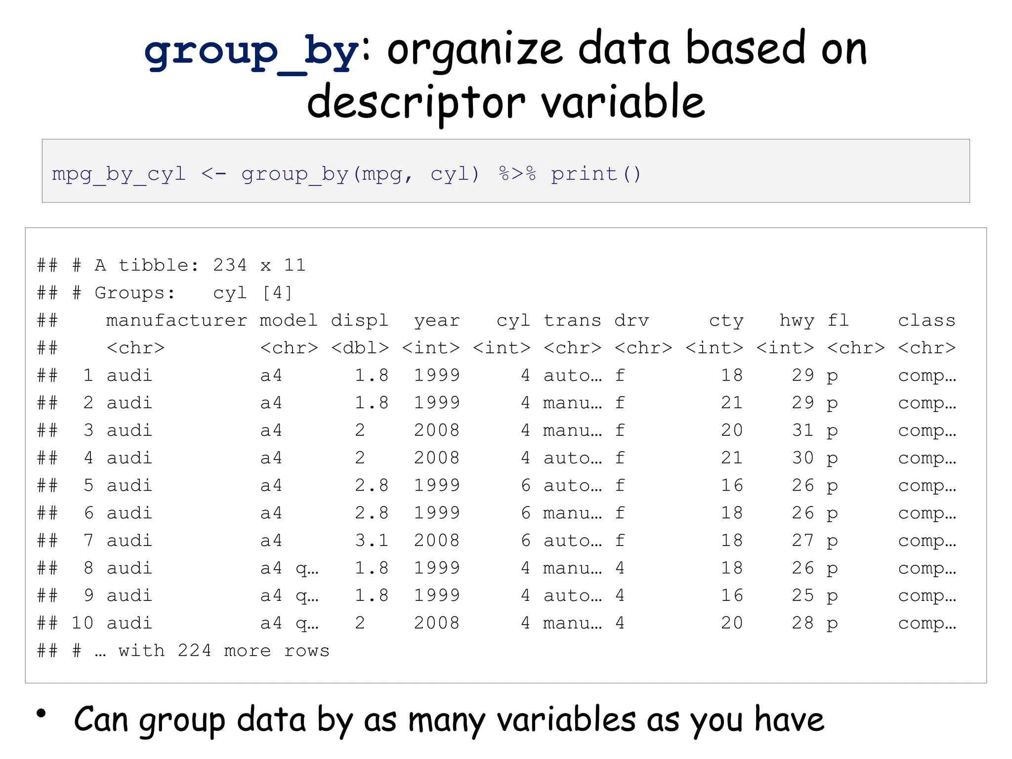 ## # A tibble: 234 x 11
## # Groups: cyl [4]
## manufacturer model displ year cyl trans drv cty hwy fl class
## <chr> <chr> <dbl> <int> <int> <chr> <chr> <int> <int> <chr> <chr>
## 1 audi a4 1.8 1999 4 auto… f 18 29 p comp…
## 2 audi a4 1.8 1999 4 manu… f 21 29 p comp…
## 3 audi a4 2 2008 4 manu… f 20 31 p comp…
## 4 audi a4 2 2008 4 auto… f 21 30 p comp…
## 5 audi a4 2.8 1999 6 auto… f 16 26 p comp…
## 6 audi a4 2.8 1999 6 manu… f 18 26 p comp…
## 7 audi a4 3.1 2008 6 auto… f 18 27 p comp…
## 8 audi a4 q… 1.8 1999 4 manu… 4 18 26 p comp…
## 9 audi a4 q… 1.8 1999 4 auto… 4 16 25 p comp…
## 10 audi a4 q… 2 2008 4 manu… 4 20 28 p comp…
## # … with 224 more rows
group_by: organize data based on
descriptor variable
• Can group data by as many variables as you have
mpg_by_cyl <- group_by(mpg, cyl) %>% print()
 