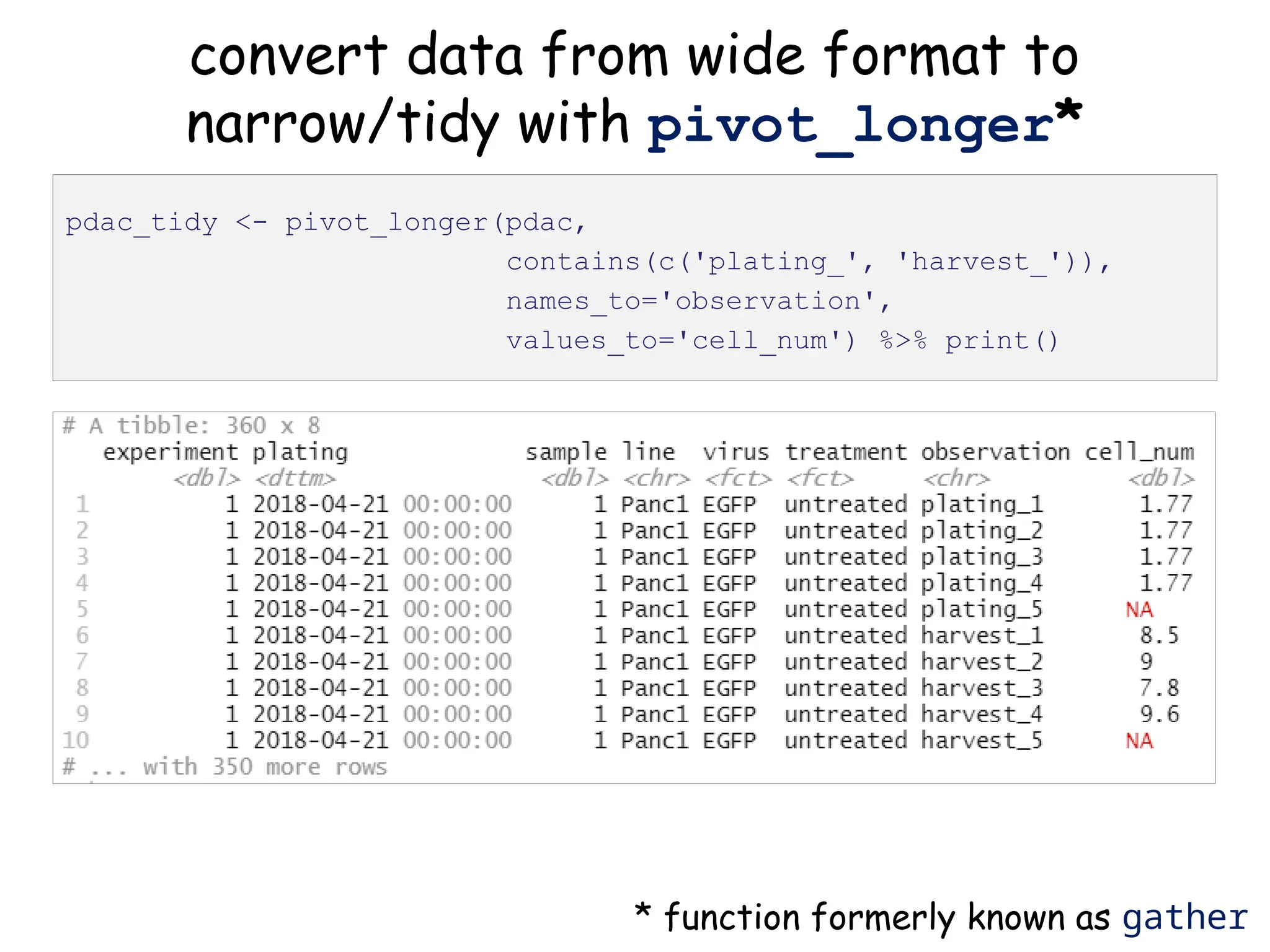 convert data from wide format to
narrow/tidy with pivot_longer*
pdac_tidy <- pivot_longer(pdac,
contains(c('plating_', 'harvest_')),
names_to='observation',
values_to='cell_num') %>% print()
* function formerly known as gather
 