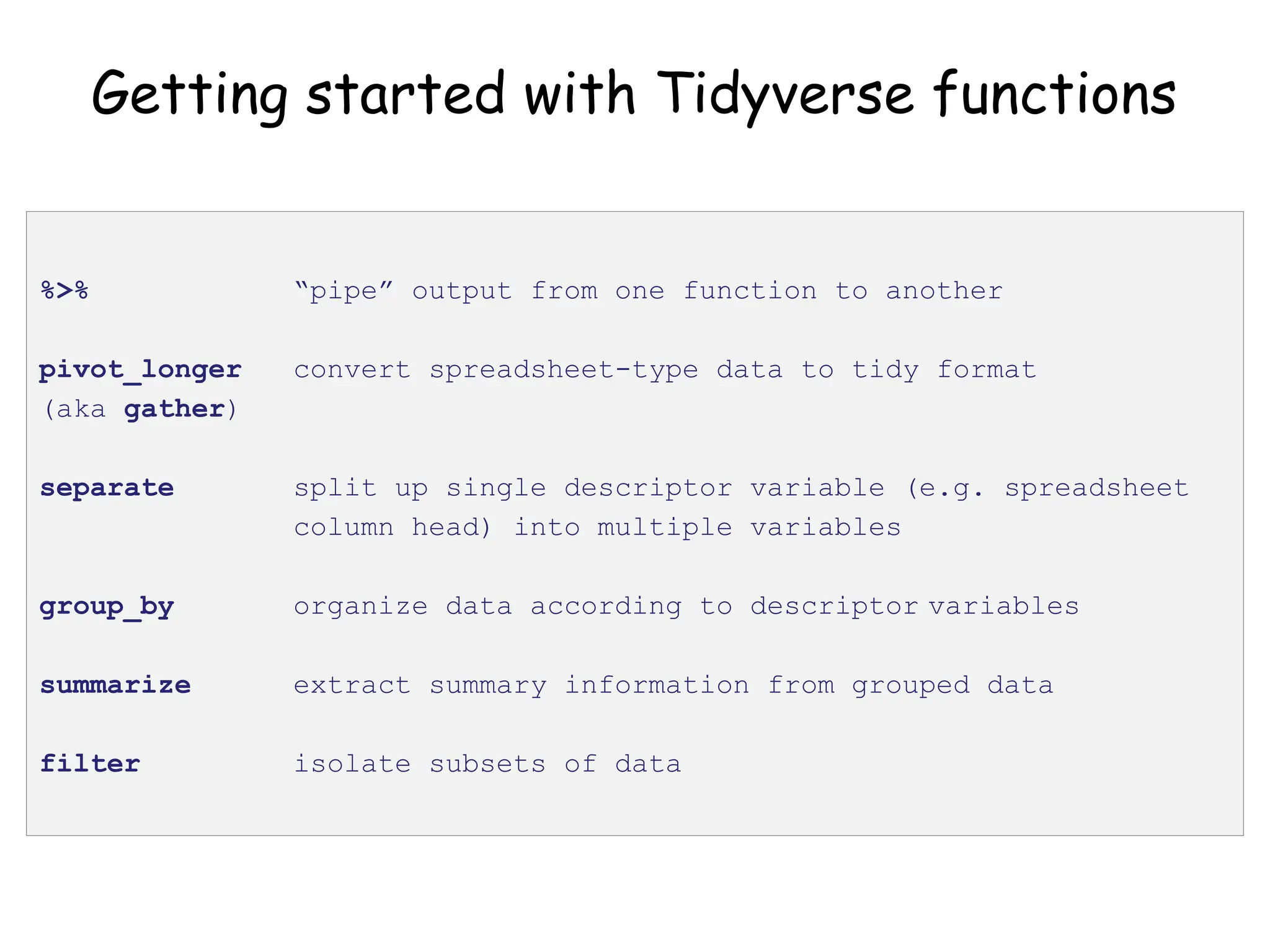 Getting started with Tidyverse functions
%>% “pipe” output from one function to another
pivot_longer convert spreadsheet-type data to tidy format
(aka gather)
separate split up single descriptor variable (e.g. spreadsheet
column head) into multiple variables
group_by organize data according to descriptor variables
summarize extract summary information from grouped data
filter isolate subsets of data
 