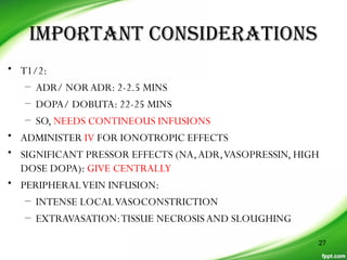 IMPORTANT CONSIDERATIONS
• T1/2:
– ADR/ NOR ADR: 2-2.5 MINS
– DOPA/ DOBUTA: 22-25 MINS
– SO, NEEDS CONTINEOUS INFUSIONS
• ADMINISTER IV FOR IONOTROPIC EFFECTS
• SIGNIFICANT PRESSOR EFFECTS (NA,ADR,VASOPRESSIN, HIGH
DOSE DOPA): GIVE CENTRALLY
• PERIPHERALVEIN INFUSION:
– INTENSE LOCALVASOCONSTRICTION
– EXTRAVASATION:TISSUE NECROSISAND SLOUGHING
27
 