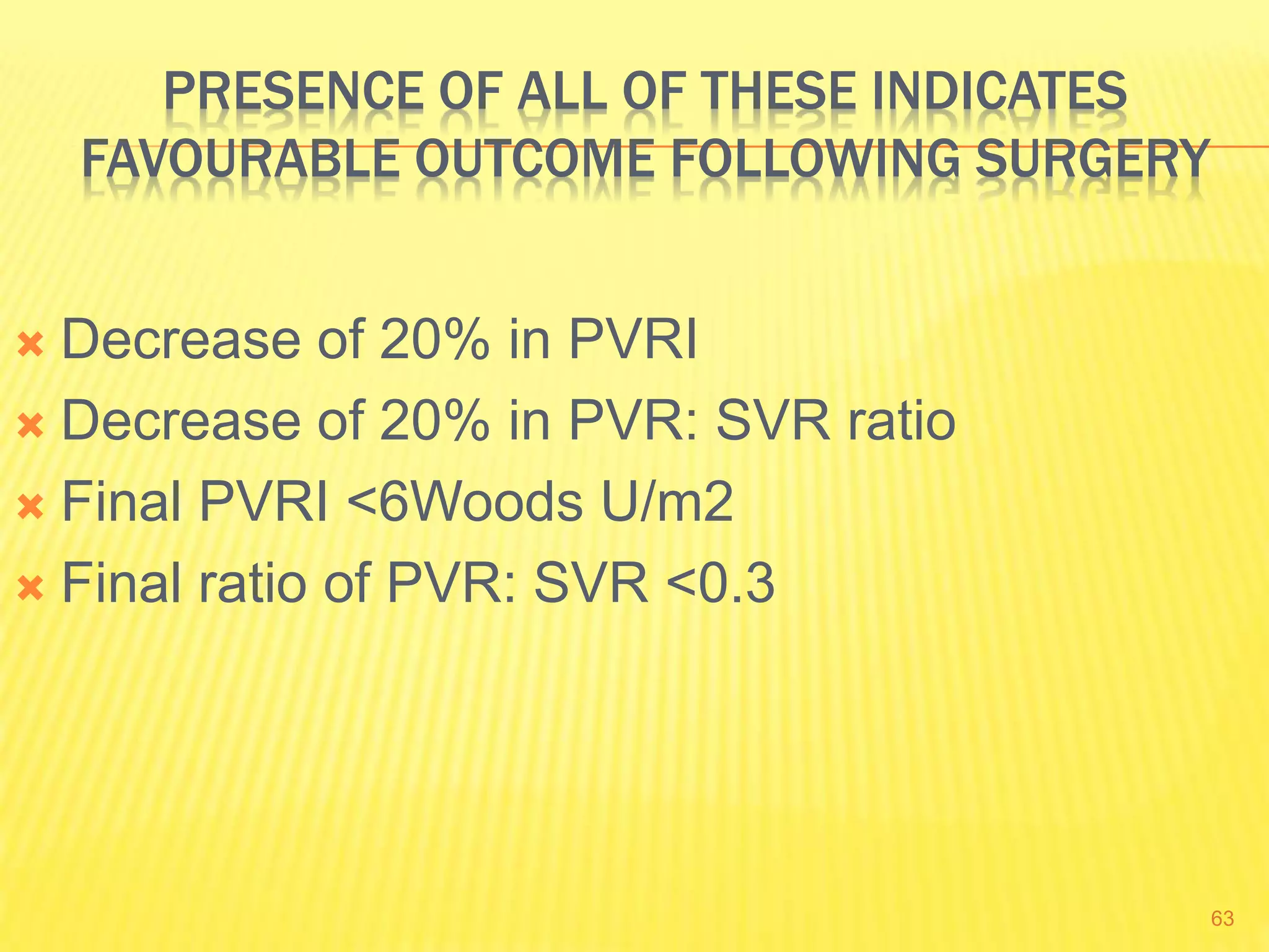 PRESENCE OF ALL OF THESE INDICATES
FAVOURABLE OUTCOME FOLLOWING SURGERY
 Decrease of 20% in PVRI
 Decrease of 20% in PVR: SVR ratio
 Final PVRI <6Woods U/m2
 Final ratio of PVR: SVR <0.3
63
 
