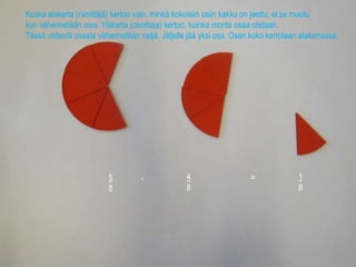 5
8
4
8
1
8
- =
Koska alakerta (nimittäjä) kertoo vain, minkä kokoisiin osiin kakku on jaettu, ei se muutu
kun vähennetään osia. Yläkerta (osoittaja) kertoo, kuinka monta osaa otetaan.
Tässä viidestä osasta vähennetään neljä. Jäljelle jää yksi osa. Osan koko kerrotaan alakerrassa.
 