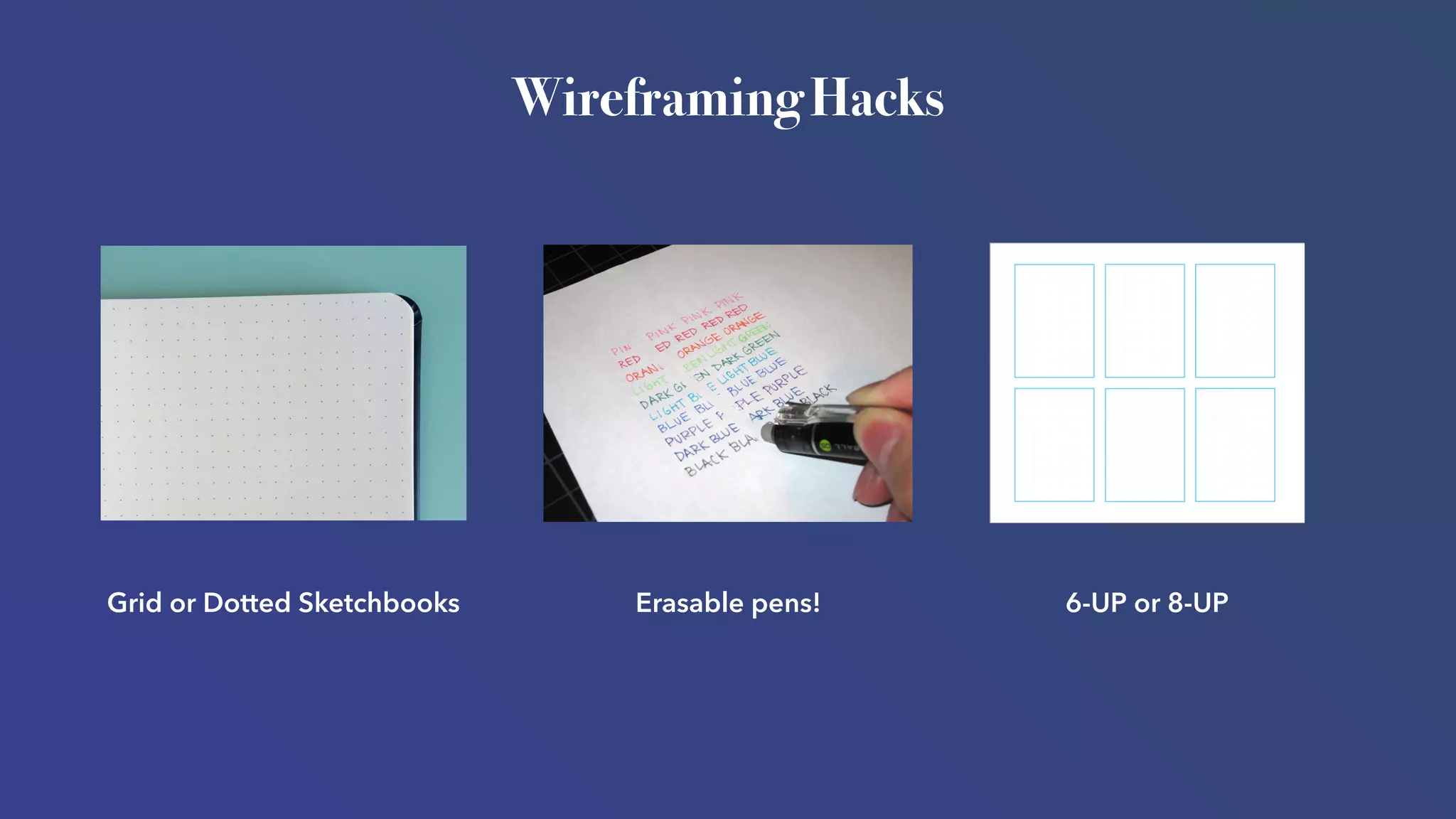 Wireframing Hacks
Grid or Dotted Sketchbooks Erasable pens! 6-UP or 8-UP
 