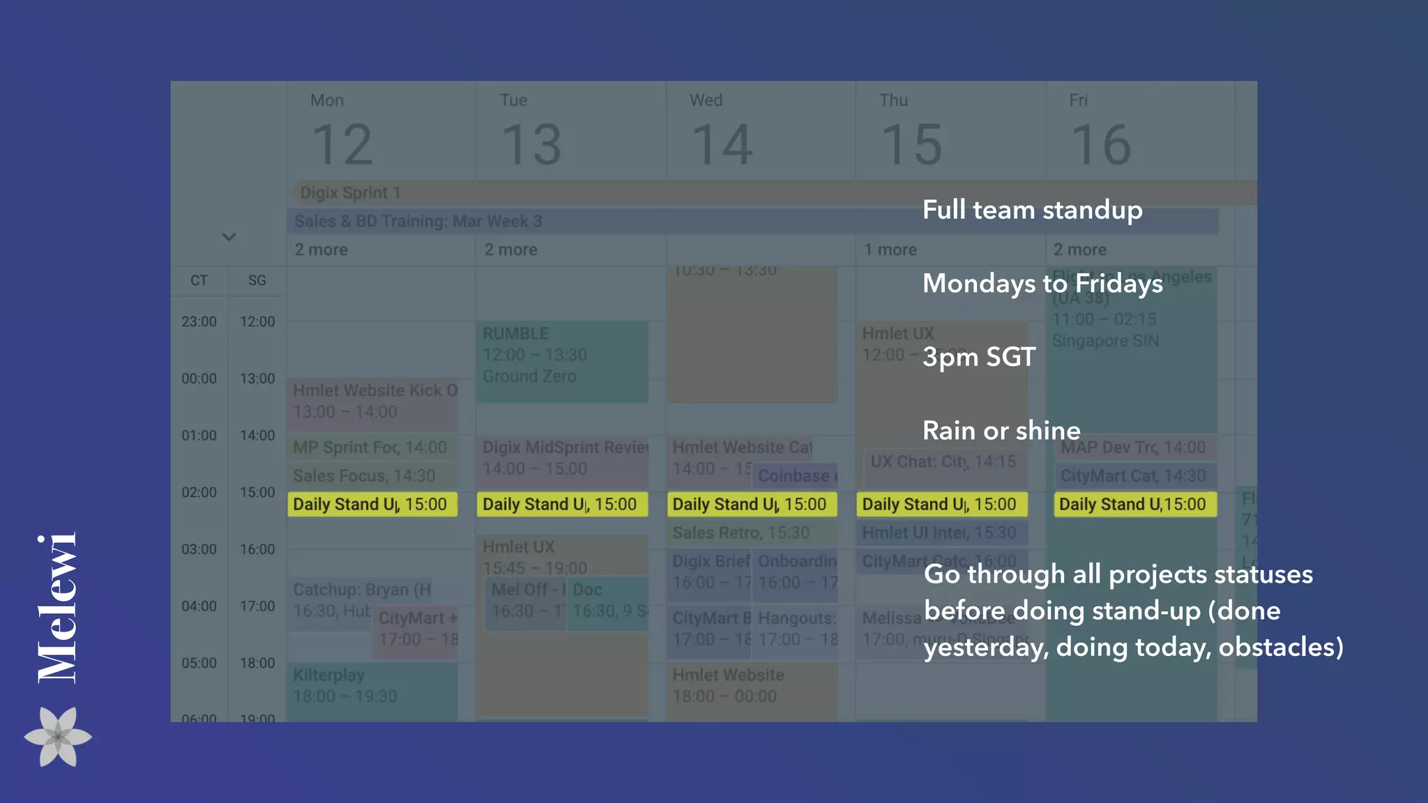 Melewi
Full team standup
Mondays to Fridays
3pm SGT
Rain or shine
Go through all projects statuses
before doing stand-up (done
yesterday, doing today, obstacles)
 