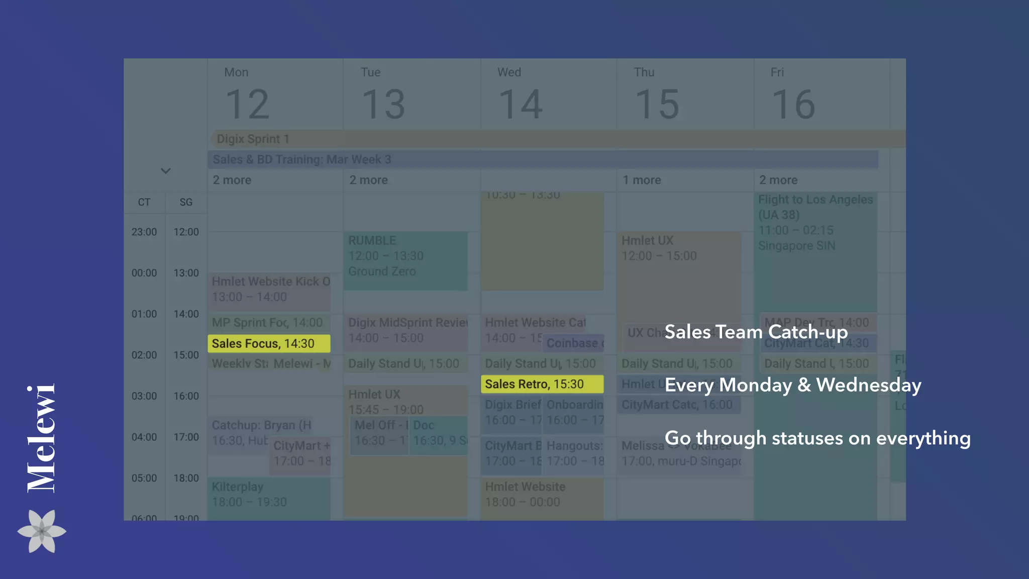 Melewi
Sales Team Catch-up
Every Monday & Wednesday
Go through statuses on everything
 
