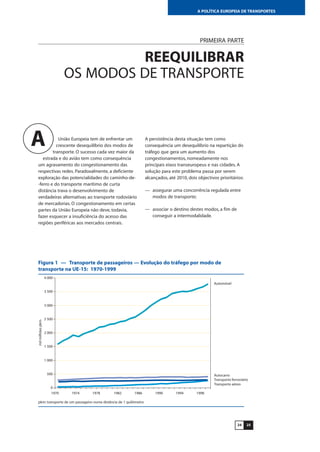 2524
A POLÍTICA EUROPEIA DE TRANSPORTES
PRIMEIRA PARTE
REEQUILIBRAR
OS MODOS DE TRANSPORTE
União Europeia tem de enfrentar um
crescente desequilíbrio dos modos de
transporte. O sucesso cada vez maior da
estrada e do avião tem como consequência
um agravamento do congestionamento das
respectivas redes. Paradoxalmente, a deficiente
exploração das potencialidades do caminho-de-
-ferro e do transporte marítimo de curta
distância trava o desenvolvimento de
verdadeiras alternativas ao transporte rodoviário
de mercadorias. O congestionamento em certas
partes da União Europeia não deve, todavia,
fazer esquecer a insuficiência do acesso das
regiões periféricas aos mercados centrais.
0
500
1 000
1 500
2 000
2 500
3 000
3 500
4 000
1970 1974 1978 1982 1986 1990 1994
Automóvel
Autocarro
milmilhõespkm
1998
Transporte ferroviário
Transporte aéreo
Figura 1 — Transporte de passageiros — Evolução do tráfego por modo de
transporte na UE-15: 1970-1999
A persistência desta situação tem como
consequência um desequilíbrio na repartição do
tráfego que gera um aumento dos
congestionamentos, nomeadamente nos
principais eixos transeuropeus e nas cidades. A
solução para este problema passa por serem
alcançados, até 2010, dois objectivos prioritários:
— assegurar uma concorrência regulada entre
modos de transporte;
— associar o destino destes modos, a fim de
conseguir a intermodalidade.
A
pkm: transporte de um passageiro numa distância de 1 quilómetro
 