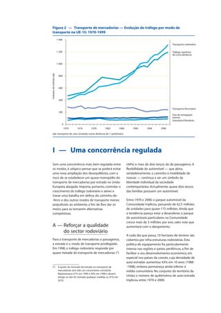 0
200
400
600
800
1 000
1 200
1 400
1970 1974 1978 1982 1986 1990 1994 1998
milharesdemilhõestpk Tráfego marítimo
de curta distância
Transporte rodoviário
Transporte ferroviário
Vias de navegação
interior
Gasoduto/Oleoduto
Figura 2 — Transporte de mercadorias — Evolução do tráfego por modo de
transporte na UE-15: 1970-1999
I — Uma concorrência regulada
Sem uma concorrência mais bem regulada entre
os modos, é utópico pensar que se poderá evitar
uma nova ampliação dos desequilíbrios, com o
risco de se estabelecer um quase-monopólio do
transporte de mercadorias por estrada na União
Europeia alargada. Importa, portanto, controlar o
crescimento do tráfego rodoviário e aéreo e
travar uma batalha em defesa do caminho-de-
-ferro e dos outros modos de transporte menos
prejudiciais ao ambiente, a fim de lhes dar os
meios para se tornarem alternativas
competitivas.
A — Reforçar a qualidade
do sector rodoviário
Para o transporte de mercadorias e passageiros,
a estrada é o modo de transporte privilegiado.
Em 1998, o tráfego rodoviário responde por
quase metade do transporte de mercadorias (5
)
(44%) e mais de dois terços do de passageiros. A
flexibilidade do automóvel — que abriu,
verdadeiramente, o caminho à mobilidade de
massas — continua a ser um símbolo da
liberdade individual da sociedade
contemporânea. Actualmente, quase dois terços
das famílias possuem um automóvel.
Entre 1970 e 2000, o parque automóvel da
Comunidade triplicou, passando de 62,5 milhões
de unidades para quase 175 milhões. Ainda que
a tendência pareça estar a desacelerar, o parque
de automóveis particulares na Comunidade
cresce mais de 3 milhões por ano, valor este que
aumentará com o alargamento.
A cada dia que passa, 10 hectares de terreno são
cobertos por infra-estruturas rodoviárias. Esta
política de equipamento foi particularmente
intensa nas regiões e países periféricos, a fim de
facilitar o seu desenvolvimento económico, em
especial nos países da coesão, cuja densidade de
auto-estradas aumentou 43% em 10 anos (1988-
-1998), embora permaneça ainda inferior à
média comunitária. No conjunto do território da
União, o número de quilómetros de auto-estrada
triplicou entre 1970 e 2000.
(5
) A quota de mercado da estrada no transporte de
mercadorias tem tido um crescimento constante.
Representava 41% em 1990 e 44% em 1998 e deverá
atingir, se não for tomada qualquer medida, os 47% em
2010.
tpk: transporte de uma tonelada numa distância de 1 quilómetro
 