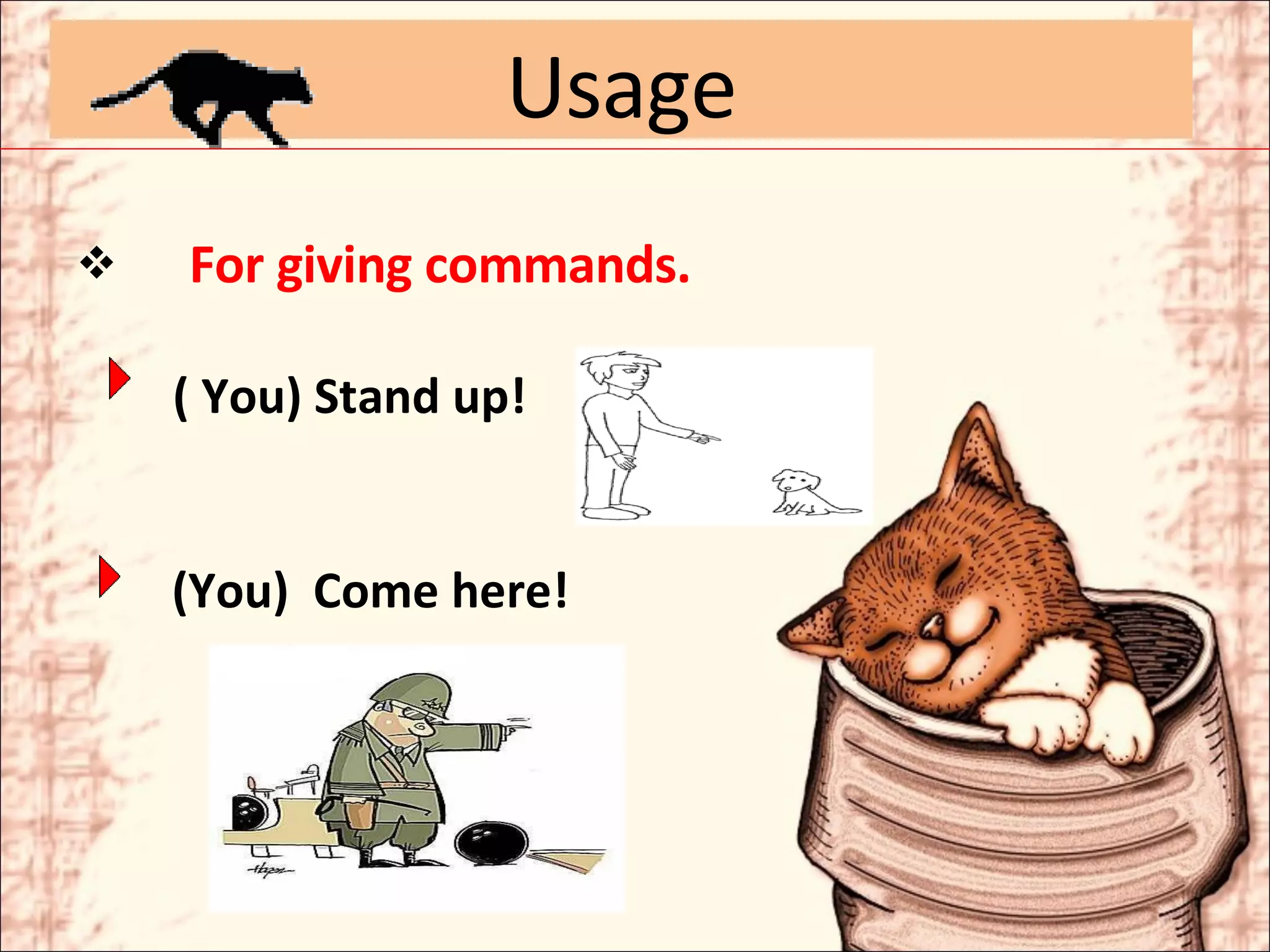 For giving commands. ( You) Stand up!   (You)  Come here! Usage 