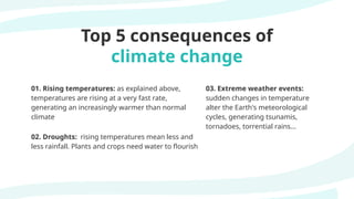 Top 5 consequences of
climate change
01. Rising temperatures: as explained above,
temperatures are rising at a very fast rate,
generating an increasingly warmer than normal
climate
02. Droughts: rising temperatures mean less and
less rainfall. Plants and crops need water to flourish
03. Extreme weather events:
sudden changes in temperature
alter the Earth's meteorological
cycles, generating tsunamis,
tornadoes, torrential rains...
 