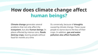 How does climate change affect
human beings?
Climate change generates several
problems that not only affect the
ecosystem, but also human beings. In
places affected by intense rains, floods
destroy crops, leaving people without
food for months at a time
Or, conversely, because of droughts
caused by climate change. These cause
people to starve due to the loss of their
crops. In addition, gas and water
pollution also affect foodstuffs
 