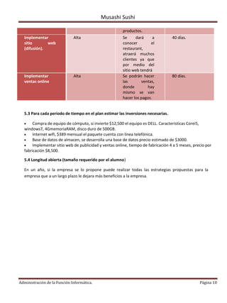 Musashi Sushi

                                                        productos.
  Implementar                 Alta                      Se     dará      a         40 días.
  sitio       web                                       conocer         el
  (difusión).                                           restaurant,
                                                        atraerá muchos
                                                        clientes ya que
                                                        por medio del
                                                        sitio web tendrá
  Implementar                 Alta                      Se podrán hacer            80 días.
  ventas online                                         las        ventas,
                                                        donde         hay
                                                        mismo se van
                                                        hacer los pagos.


  5.3 Para cada periodo de tiempo en el plan estimar las inversiones necesarias.

       Compra de equipo de cómputo, si invierte $12,500 el equipo es DELL. Características Corei5,
  windows7, 4GmemoriaRAM, disco duro de 500GB.
       Internet wifi, $389 mensual el paquete cuenta con línea telefónica.
       Base de datos de almacen, se desarrolla una base de datos precio estimado de $3000.
       Implementar sitio web de publicidad y ventas online, tiempo de fabricación 4 a 5 meses, precio por
  fabricación $8,500.

  5.4 Longitud abierta (tamaño requerido por el alumno)

  En un año, si la empresa se lo propone puede realizar todas las estrategias propuestas para la
  empresa que a un largo plazo le dejara más beneficios a la empresa.




Administración de la Función Informática.                                                         Página 10
 