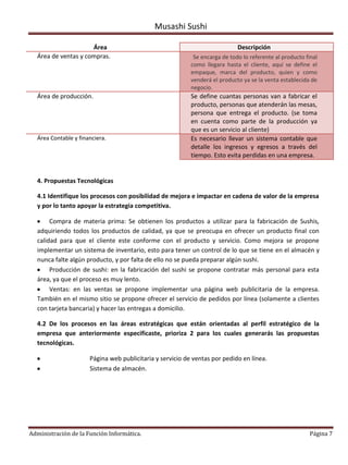Musashi Sushi

                     Área                                                    Descripción
  Área de ventas y compras.                                 Se encarga de todo lo referente al producto final
                                                           como llegara hasta el cliente, aquí se define el
                                                           empaque, marca del producto, quien y como
                                                           venderá el producto ya se la venta establecida de
                                                           negocio.
  Área de producción.                                      Se define cuantas personas van a fabricar el
                                                           producto, personas que atenderán las mesas,
                                                           persona que entrega el producto. (se toma
                                                           en cuenta como parte de la producción ya
                                                           que es un servicio al cliente)
  Área Contable y financiera.                              Es necesario llevar un sistema contable que
                                                           detalle los ingresos y egresos a través del
                                                           tiempo. Esto evita perdidas en una empresa.


  4. Propuestas Tecnológicas

  4.1 Identifique los procesos con posibilidad de mejora e impactar en cadena de valor de la empresa
  y por lo tanto apoyar la estrategia competitiva.

       Compra de materia prima: Se obtienen los productos a utilizar para la fabricación de Sushis,
  adquiriendo todos los productos de calidad, ya que se preocupa en ofrecer un producto final con
  calidad para que el cliente este conforme con el producto y servicio. Como mejora se propone
  implementar un sistema de inventario, esto para tener un control de lo que se tiene en el almacén y
  nunca falte algún producto, y por falta de ello no se pueda preparar algún sushi.
       Producción de sushi: en la fabricación del sushi se propone contratar más personal para esta
  área, ya que el proceso es muy lento.
       Ventas: en las ventas se propone implementar una página web publicitaria de la empresa.
  También en el mismo sitio se propone ofrecer el servicio de pedidos por línea (solamente a clientes
  con tarjeta bancaria) y hacer las entregas a domicilio.

  4.2 De los procesos en las áreas estratégicas que están orientadas al perfil estratégico de la
  empresa que anteriormente especificaste, prioriza 2 para los cuales generarás las propuestas
  tecnológicas.

                      Página web publicitaria y servicio de ventas por pedido en línea.
                      Sistema de almacén.




Administración de la Función Informática.                                                                 Página 7
 