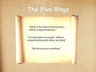 scroll-stock2.jpg The Five Rings Earth Water Fire scroll_gif.gif “While in the midst of the minutiae… shift to a large perspective.” “It is impossible to succeed… without comprehending what others are doing” “Get the jump on everything.” ○ ○ ○ 
