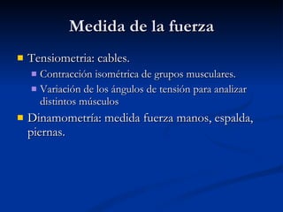Medida de la fuerza Tensiometria: cables.  Contracción isométrica de grupos musculares. Variación de los ángulos de tensión para analizar distintos músculos Dinamometría: medida fuerza manos, espalda, piernas. 