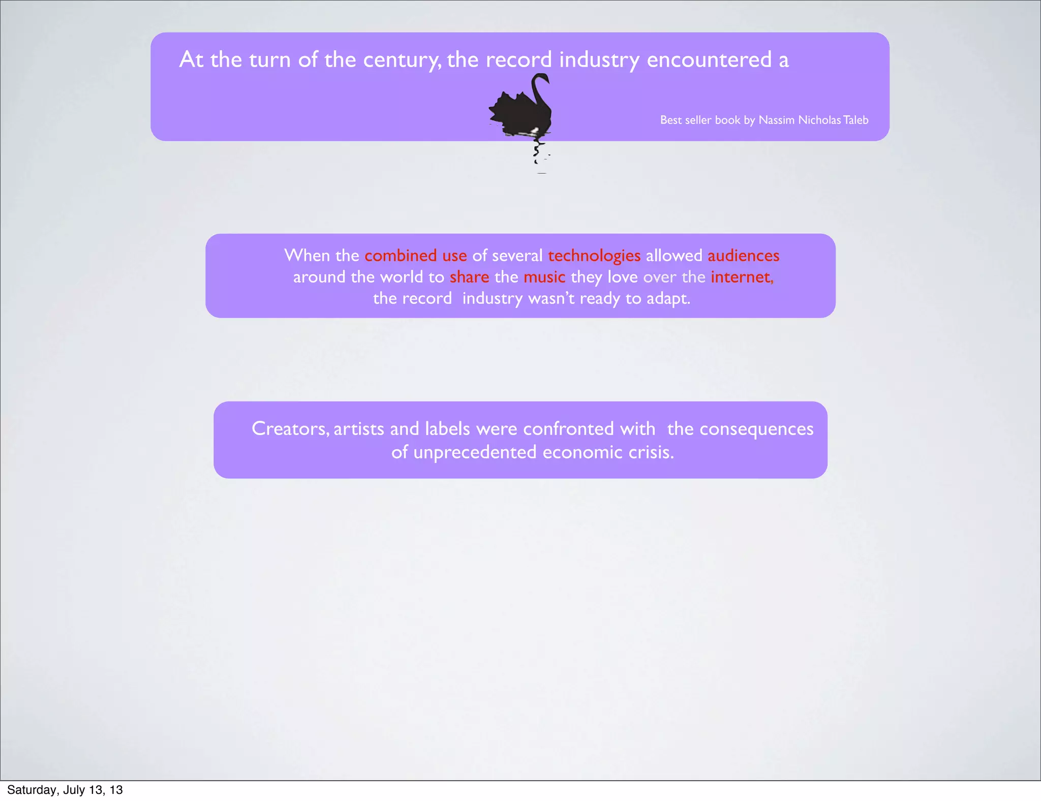 At the turn of the century, the record industry encountered a
Best seller book by Nassim Nicholas Taleb
When the combined use of several technologies allowed audiences
around the world to share the music they love over the internet,
the record industry wasn’t ready to adapt.
Creators, artists and labels were confronted with the consequences
of unprecedented economic crisis.
Saturday, July 13, 13
 