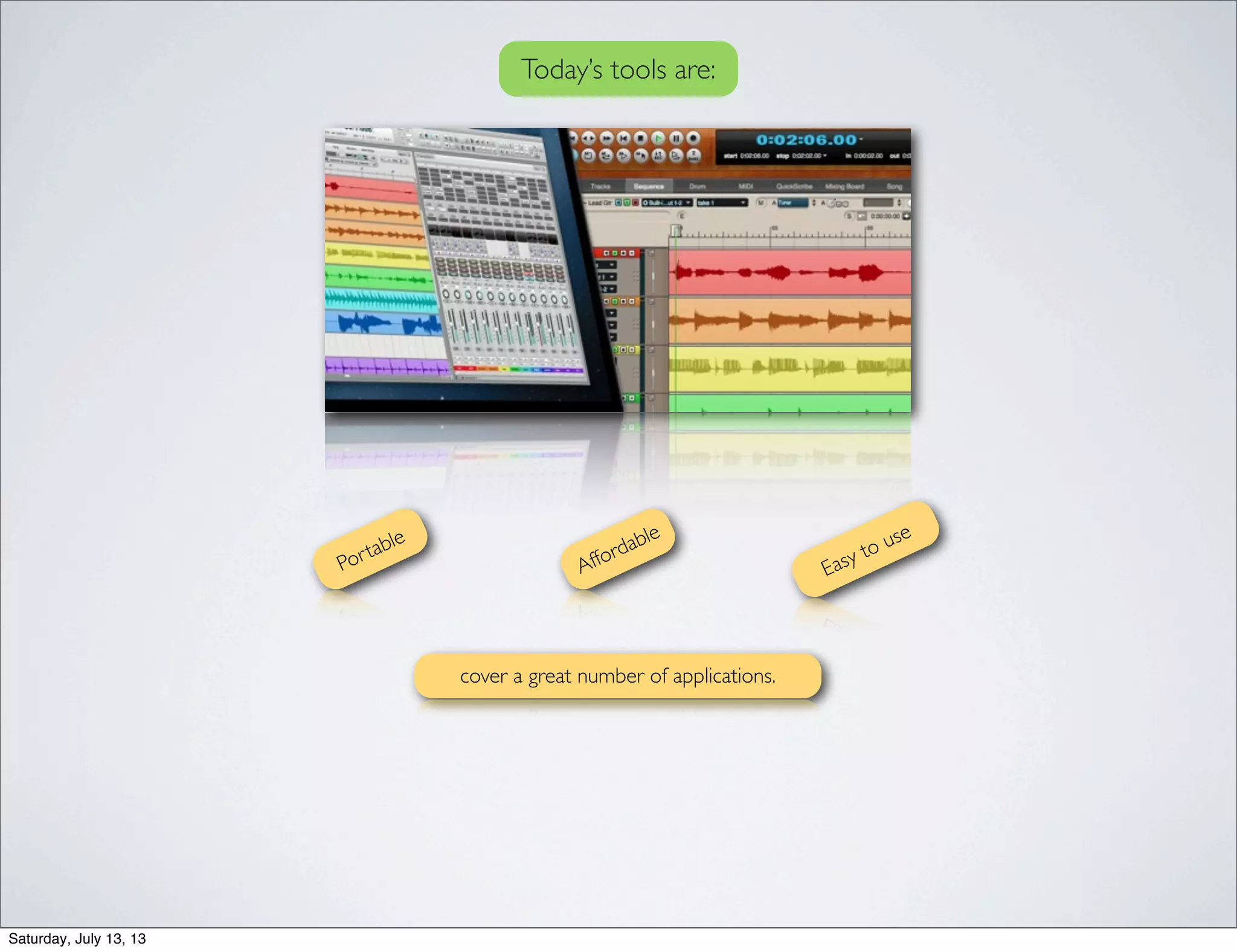 Easy to use
Today’s tools are:
Affordable
cover a great number of applications.
Portable
Saturday, July 13, 13
 