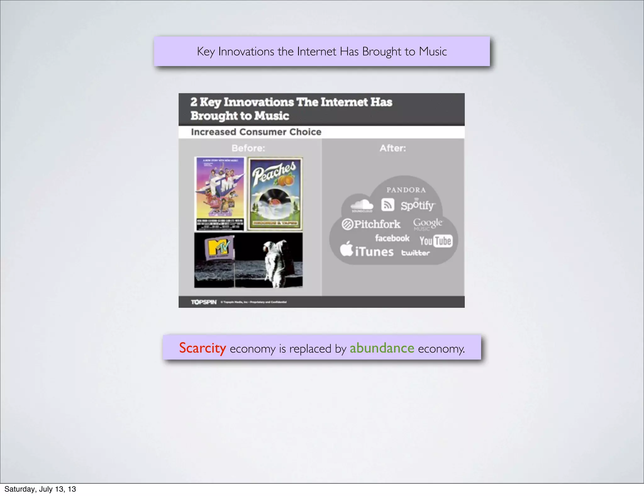 Scarcity economy is replaced by abundance economy.
Key Innovations the Internet Has Brought to Music
Saturday, July 13, 13
 