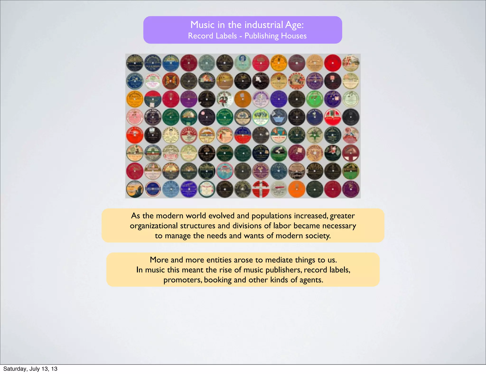 Music in the industrial Age:
Record Labels - Publishing Houses
As the modern world evolved and populations increased, greater
organizational structures and divisions of labor became necessary
to manage the needs and wants of modern society.
More and more entities arose to mediate things to us.
In music this meant the rise of music publishers, record labels,
promoters, booking and other kinds of agents.
Saturday, July 13, 13
 