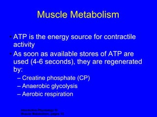 Muscle Metabolism ATP is the energy source for contractile activity As soon as available stores of ATP are used (4-6 seconds), they are regenerated by: Creatine phosphate (CP)  Anaerobic glycolysis  Aerobic respiration InterActive Physiology ®:   Muscle Metabolism, pages 15 