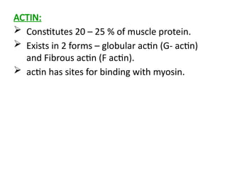 ACTIN:
 Constitutes 20 – 25 % of muscle protein.
 Exists in 2 forms – globular actin (G- actin)
and Fibrous actin (F actin).
 actin has sites for binding with myosin.
 