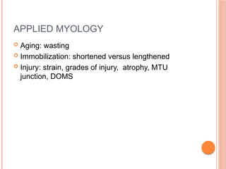 APPLIED MYOLOGY
 Aging: wasting
 Immobilization: shortened versus lengthened
 Injury: strain, grades of injury, atrophy, MTU
junction, DOMS
 