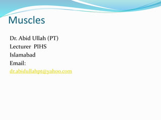 Muscles
Dr. Abid Ullah (PT)
Lecturer PIHS
Islamabad
Email:
dr.abidullahpt@yahoo.com
 