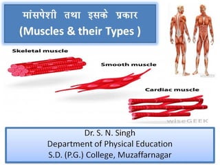ekalis'kh rFkk blds
izdkj
(Muscles & their Types )
Dr. S. N. Singh
Department of Physical Education
S.D. (P.G.) College, Muzaffarnagar
Dr. S. N. Singh
Department of Physical Education
S.D. (P.G.) College, Muzaffarnagar
 
