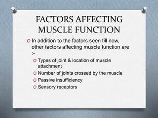 FACTORS AFFECTING
MUSCLE FUNCTION
O In addition to the factors seen till now,
other factors affecting muscle function are
:-
O Types of joint & location of muscle
attachment
O Number of joints crossed by the muscle
O Passive insufficiency
O Sensory receptors
 