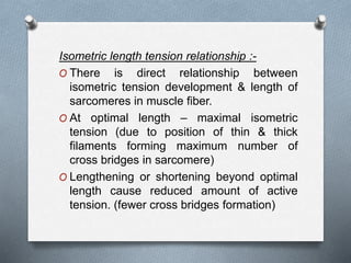 Isometric length tension relationship :-
O There is direct relationship between
isometric tension development & length of
sarcomeres in muscle fiber.
O At optimal length – maximal isometric
tension (due to position of thin & thick
filaments forming maximum number of
cross bridges in sarcomere)
O Lengthening or shortening beyond optimal
length cause reduced amount of active
tension. (fewer cross bridges formation)
 