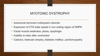 MYOTONIC DYSTROPHY
• Autosomal dominant multisystem disorder
• Expansion of CTG triple repeat in non coding region of DMPK
• Facial muscle weakness, ptosis, dysphagia
• Inability to relax after contraction
• Cataract, testicular atrophy, diabetes mellitus ,cardiomyopathy
 
