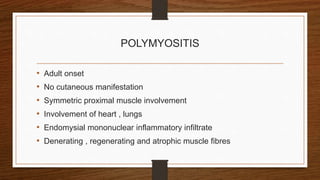 POLYMYOSITIS
• Adult onset
• No cutaneous manifestation
• Symmetric proximal muscle involvement
• Involvement of heart , lungs
• Endomysial mononuclear inflammatory infiltrate
• Denerating , regenerating and atrophic muscle fibres
 