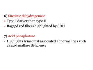 6) Succinic dehydrogenase
 Type I darker than type II
 Ragged red fibers highlighted by SDH
7) Acid phosphatase
• Highlights lysosomal associated abnormalities such
as acid maltase deficiency
 