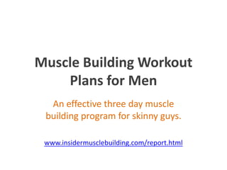 Muscle Building Workout Plans for Men An effective three day muscle building program for skinny guys. www.insidermusclebuilding.com/report.html 