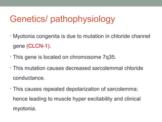 Genetics/ pathophysiology
• Myotonia congenita is due to mutation in chloride channel
gene (CLCN-1).
• This gene is located on chromosome 7q35.
• This mutation causes decreased sarcolemmal chloride
conductance.
• This causes repeated depolarization of sarcolemma;
hence leading to muscle hyper excitability and clinical
myotonia.
 