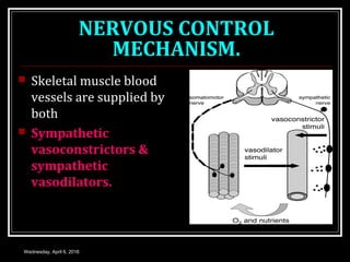 NERVOUS CONTROL
MECHANISM.
 Skeletal muscle blood
vessels are supplied by
both
 Sympathetic
vasoconstrictors &
sympathetic
vasodilators.
Wednesday, April 6, 2016
 