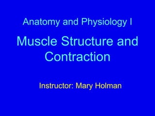 Anatomy and Physiology I
Muscle Structure and
Contraction
Instructor: Mary Holman
 