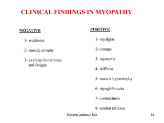 CLINICAL FINDINGS IN MYOPATHY
NEGATIVE
1- weakness
2- muscle atrophy
3- exercise intolerance
and fatigue
POSITIVE
1- myalgias
2- cramps
3- myotonia
4- stiffness
5- muscle hypertrophy
6- myoglobinuria
7- contractures
8- tendon reflexes
Rosette Jabbour, MD 18
 