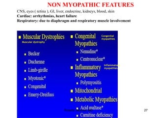 NON MYOPATHIC FEATURES
CNS, eyes ( retina ), GI, liver, endocrine, kidneys, blood, skin
Cardiac: arrhythmias, heart failure
Respiratory: due to diaphragm and respiratory muscle involvement
Rosette Jabbour, MD 27
Muscular dystrophy
Congenital
myopathies
Inflammatory
myopathies
 