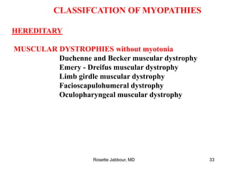 CLASSIFCATION OF MYOPATHIES
HEREDITARY
MUSCULAR DYSTROPHIES without myotonia
Duchenne and Becker muscular dystrophy
Emery - Dreifus muscular dystrophy
Limb girdle muscular dystrophy
Facioscapulohumeral dystrophy
Oculopharyngeal muscular dystrophy
Rosette Jabbour, MD 33
 