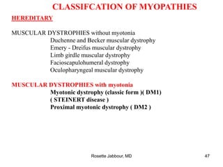 CLASSIFCATION OF MYOPATHIES
HEREDITARY
MUSCULAR DYSTROPHIES without myotonia
Duchenne and Becker muscular dystrophy
Emery - Dreifus muscular dystrophy
Limb girdle muscular dystrophy
Facioscapulohumeral dystrophy
Oculopharyngeal muscular dystrophy
MUSCULAR DYSTROPHIES with myotonia
Myotonic dystrophy (classic form )( DM1)
( STEINERT disease )
Proximal myotonic dystrophy ( DM2 )
Rosette Jabbour, MD 47
 